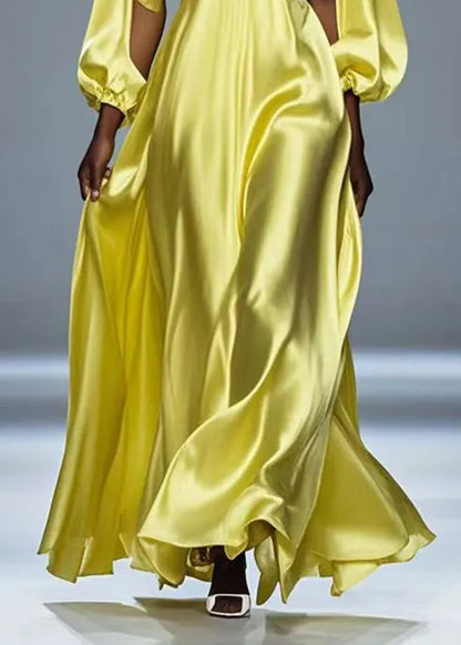 Yellow Hollow Out Draping Silk Party Dresses Fall