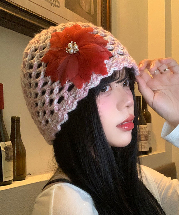 Handmade Pink Feather Hollow Out Knit Boonie Hat