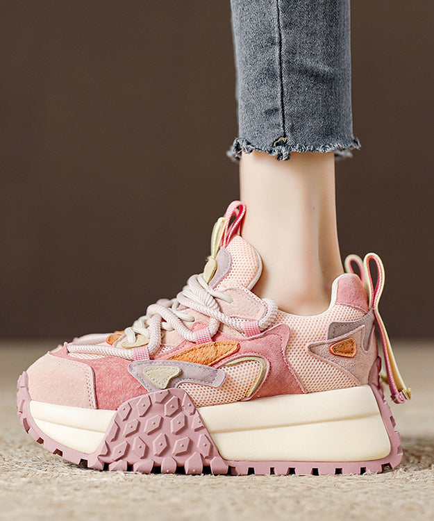 Pink Suede Breathable Mesh Splicing Platform Flat Shoes for