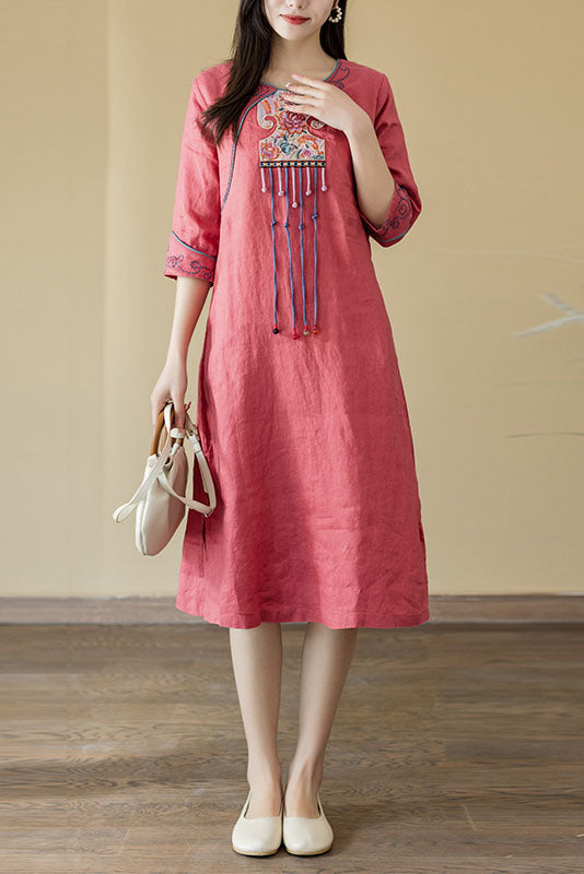 Summer Retro Five-quarter Sleeve Dress Cotton Linen Embroidered Long Dress