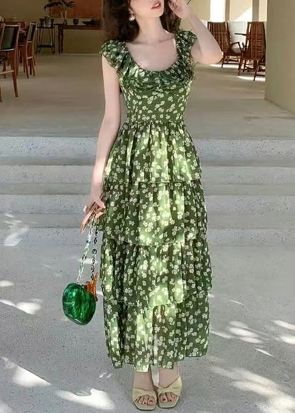Pink Ruffled Print Chiffon Long Dress Summer