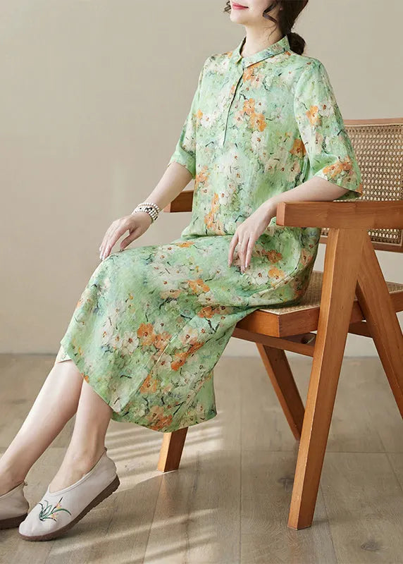 Green Peter Pan Collar Print Cotton Long Dresses Summer