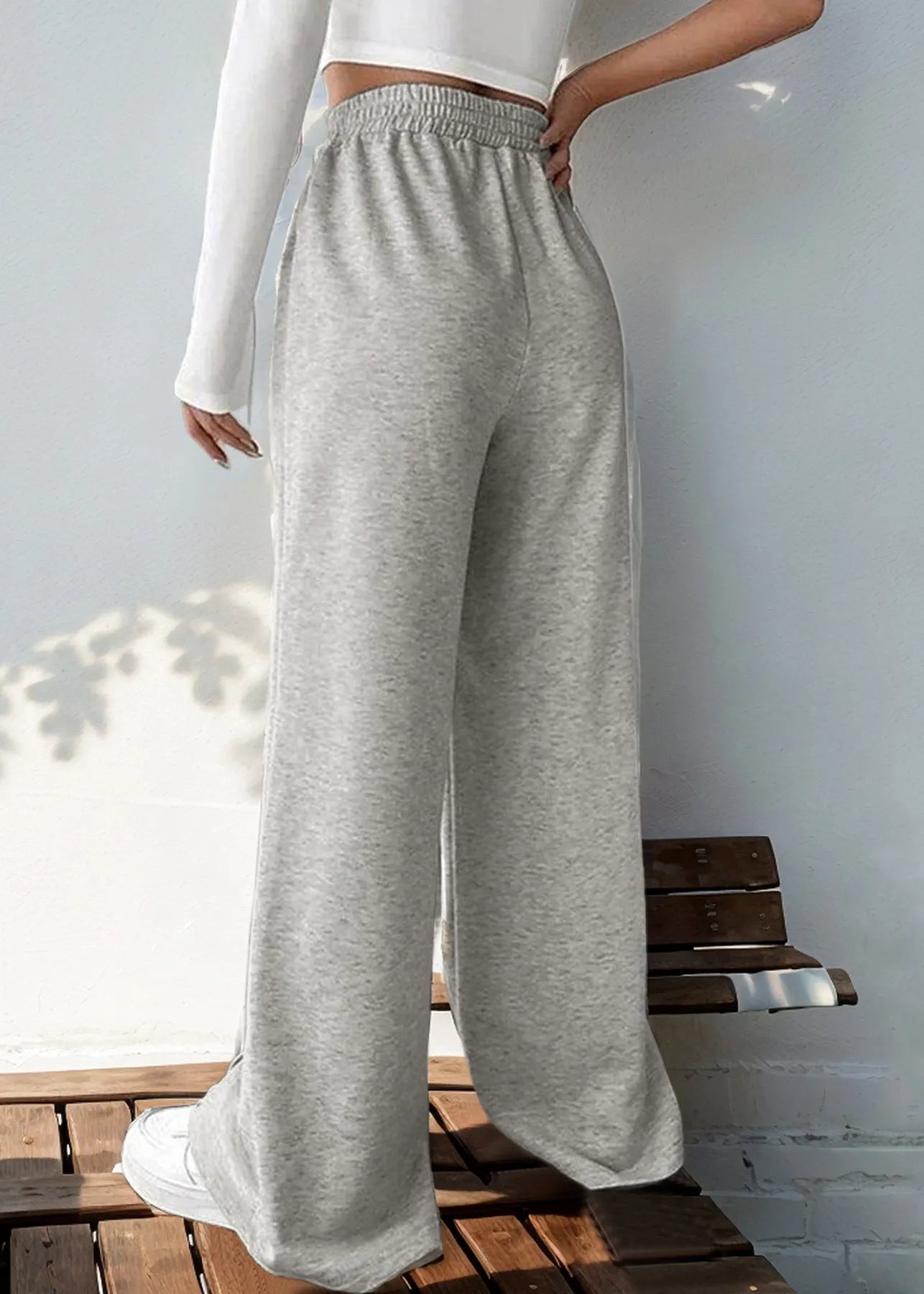 Loose Light Grey Elastic Waist Cotton Pants Spring