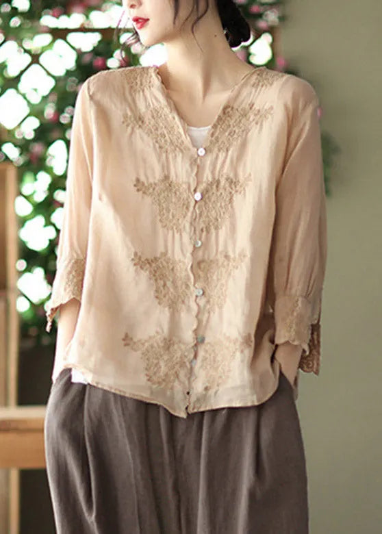 Khaki V Neck Embroidered Linen Shirt Long Sleeve