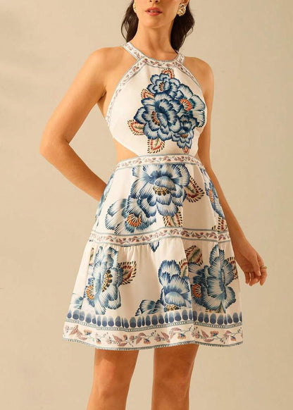 French Backless Lace Up Print Cotton Mid Dress Summer