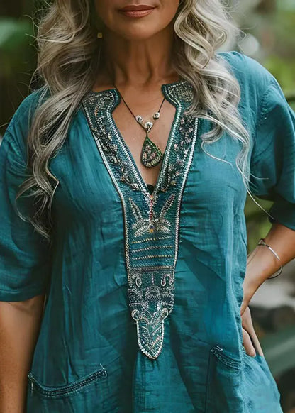 Blue V Neck Print Pockets Cotton Top Summer