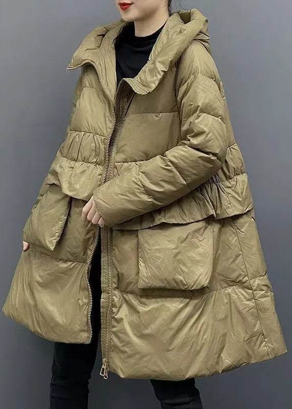 Khaki Hooded Zippered Pockets Down Coats Winter