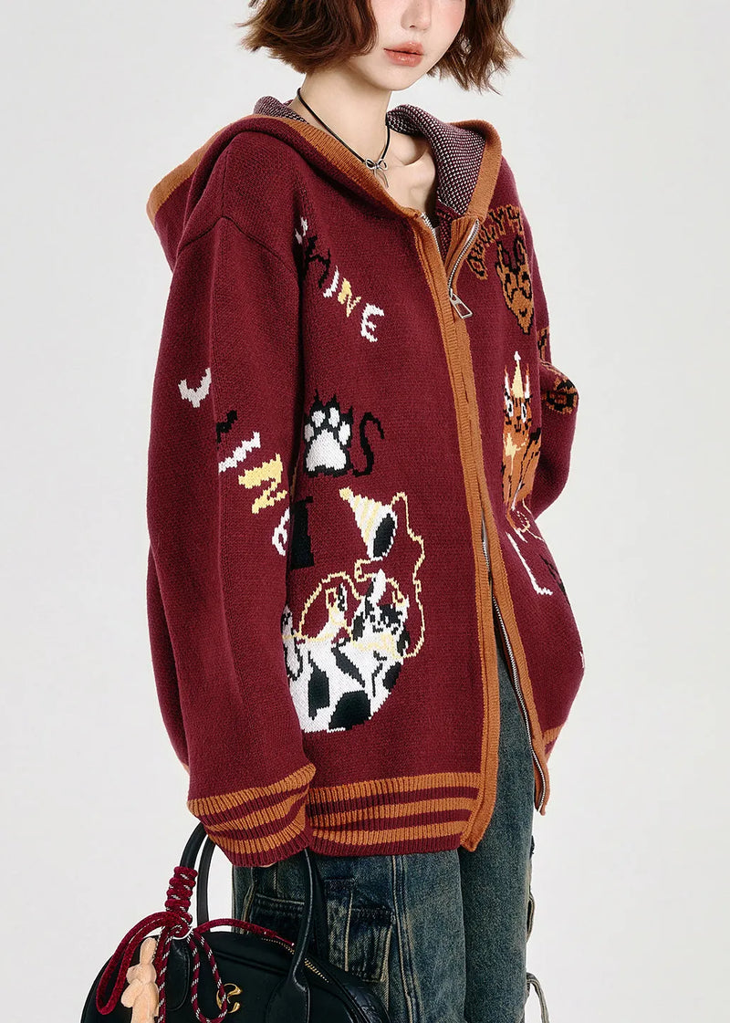 French Red Oversized Animal Jacquard Knit Hoodies Outwear Spring