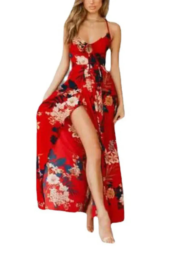 Red Print Backless Cotton Spaghetti Strap Dresses Summer