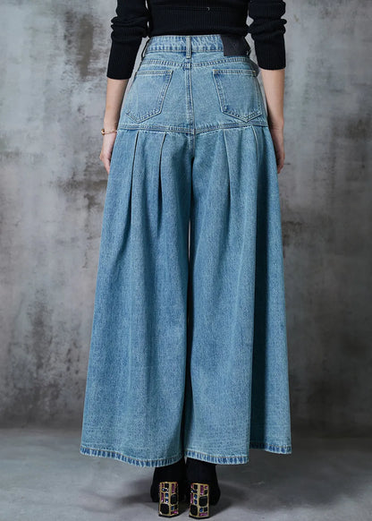 Blue High Waist Patchwork Denim Wide Leg Pant Skirts Summer