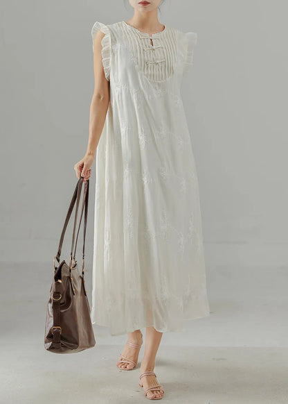 Diy White Embroidered Chinese Button Chiffon Dress Sleeveless