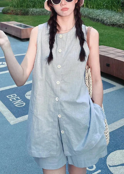 French Blue Tops and Shorts Linen Two Piece Set Summer