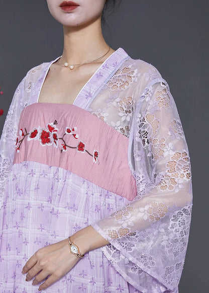 Purple Embroidered Hollow Out Chiffon Long Dress Summer