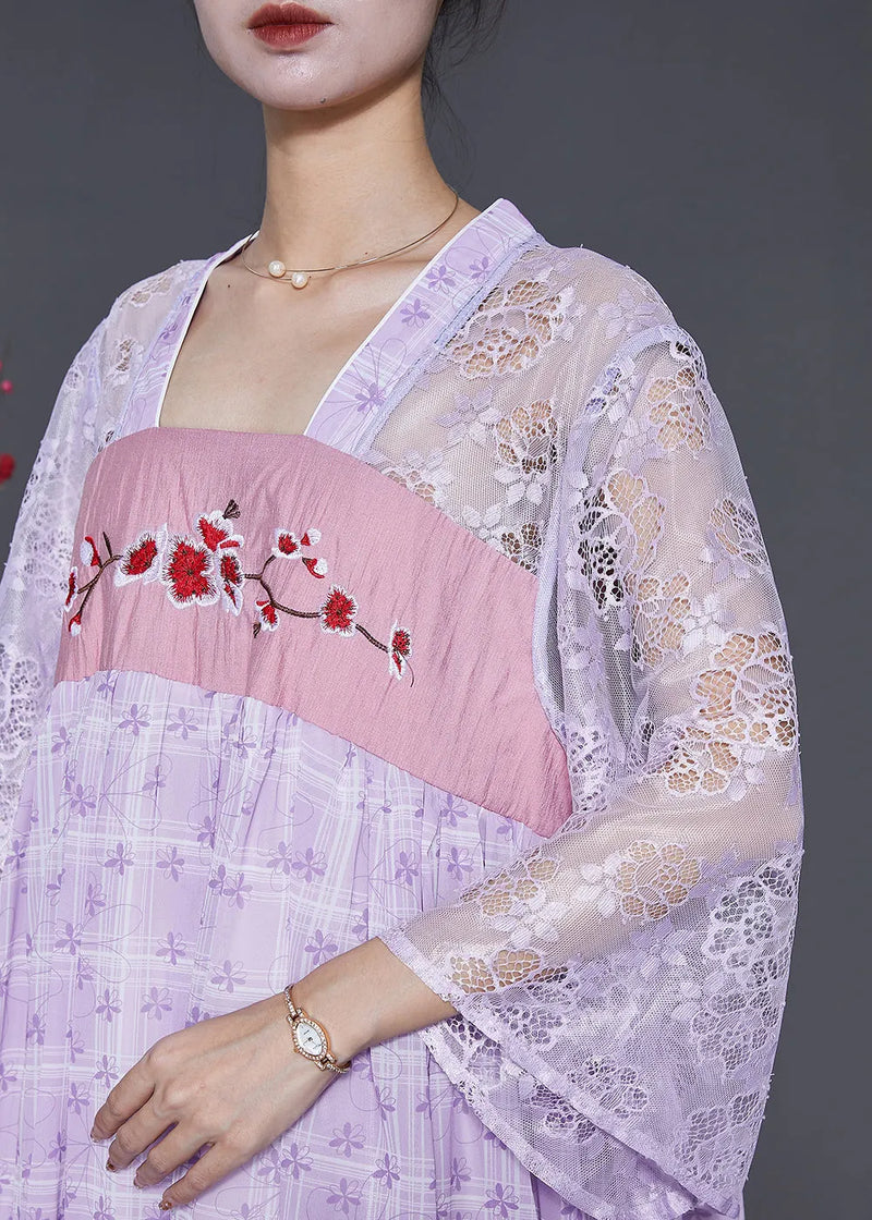 Purple Embroidered Hollow Out Chiffon Long Dress Summer