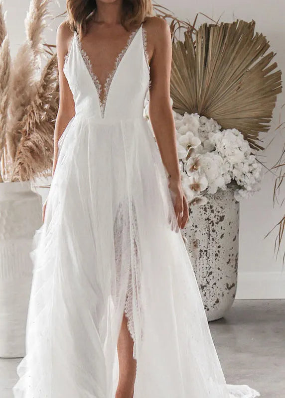 Fine White V Neck Side Open Lace Spaghetti Strap Dress Summer
