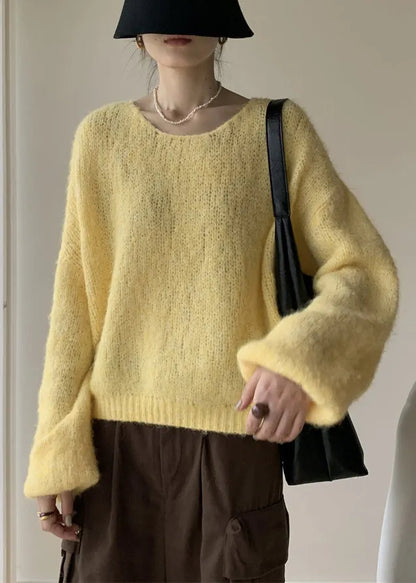 Yellow Cotton Knit Pullover Sweater V Neck Winter