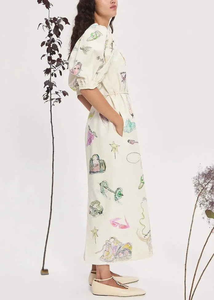 Apricot Print Lace Up Pockets Linen Long Dress Lantern Sleeve
