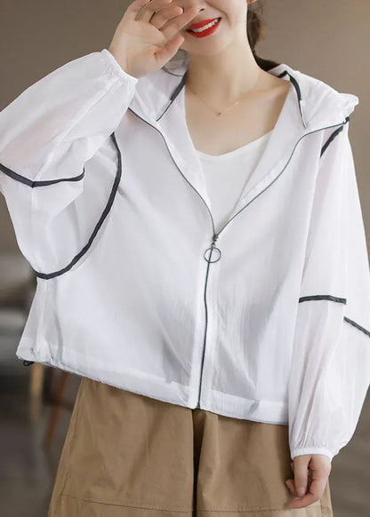Style White Hooded Zippered Cotton Upf 50+ Coat Jacket Long Sleeve