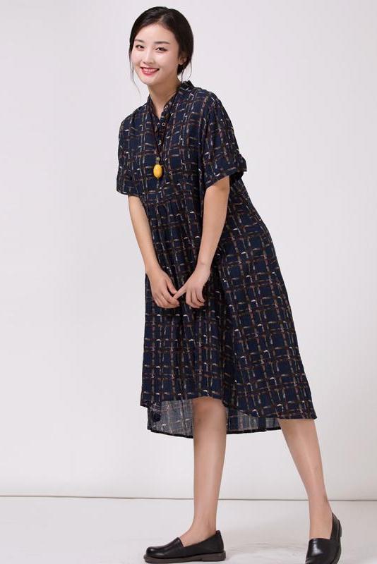 Stand Collar Cotton Colored Printed Dress