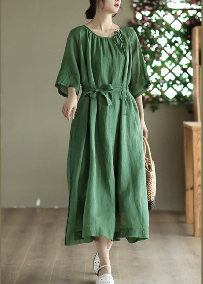 Green Tie Waist Long Dress Half Sleeve