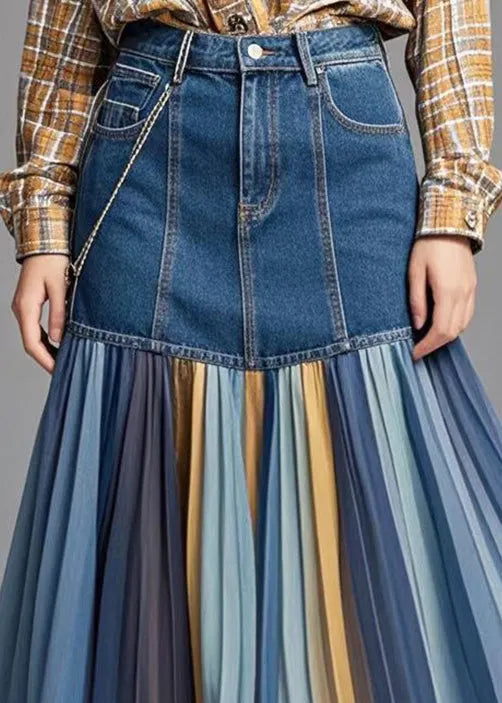 Blue Patchwork Rainbow Striped Denim Skirt Fall