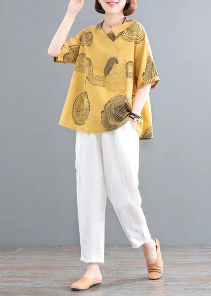 Retro Yellow O-neck Print Top and Crop Pants Two Pieces Set Summer