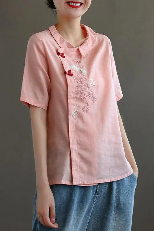 Embroidered Turn Down Collar Linen Retro T-shirt