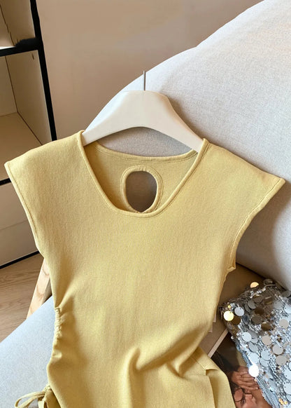 Yellow Cinched Side Open Knit T Shirt Hollow Out