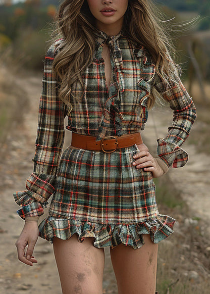 Ruffled Plaid Pastoral Style Long Sleeve Mini Dress