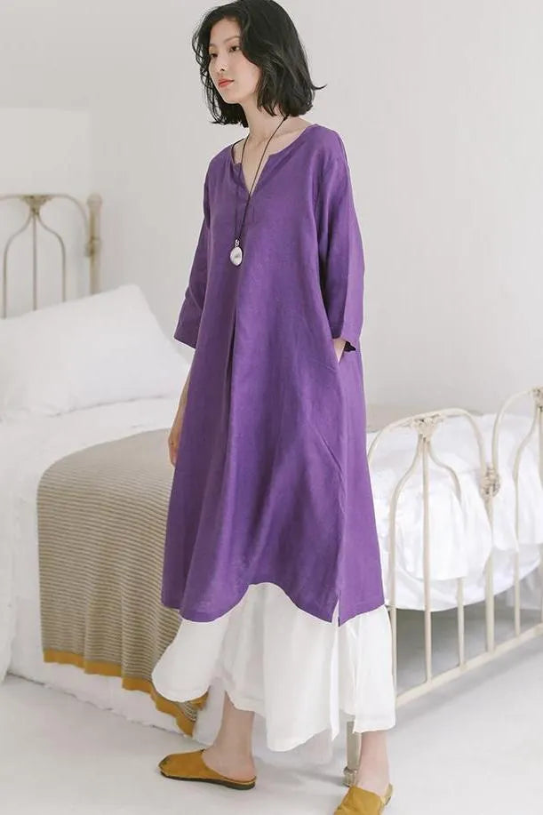 Linen Purple Summer Dresses Loose Clothes