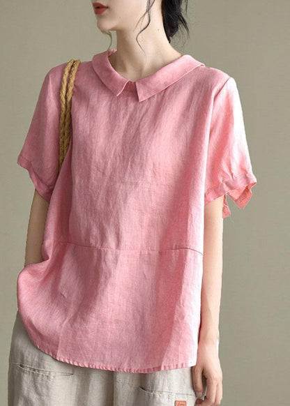 Simple Wine Red Peter Pan Collar Patchwork Summer Linen Blouses