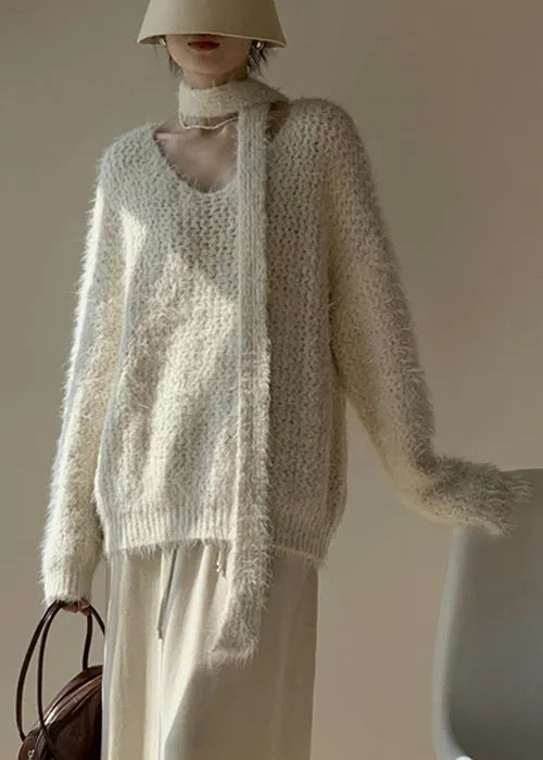 Apricot Cozy Cotton Knit Winter Sweater V Neck