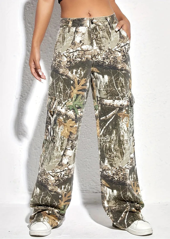 Print Pockets High Waist Cotton Pants Spring