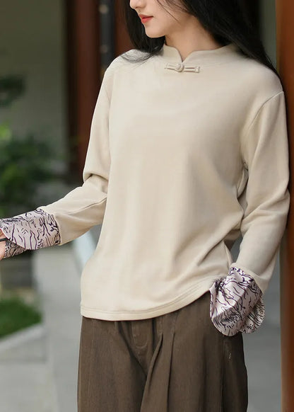 Handmade Beige Stand Collar Patchwork Cotton Shirt Tops Spring