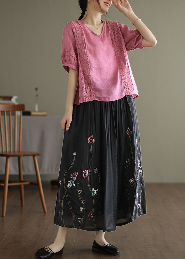 Black Elastic Waist Embroidered Linen Silk Skirt Spring