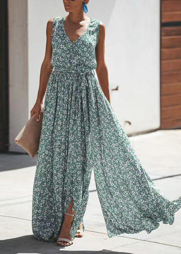 French Rust V Neck Print Wrinkled Cotton Dresses Sleeveless