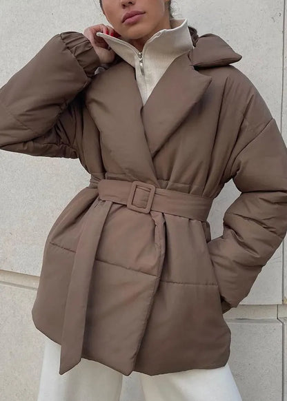 Grey Peter Pan Collar Tie Waist Fine Cotton Filled Coat Winter