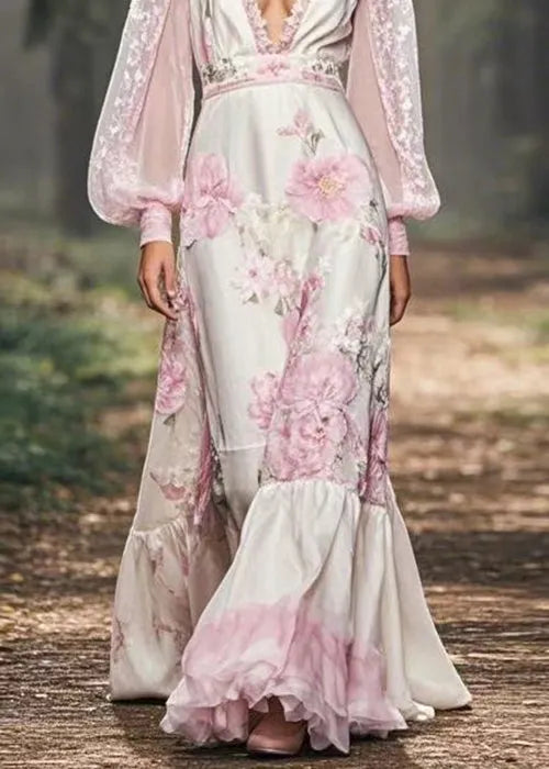 V Neck Print Patchwork Chiffon Maxi Dresses Spring
