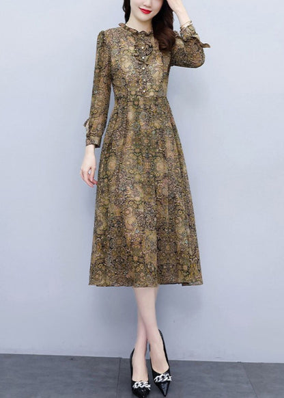 Ruffled Print High Waist Chiffon Dress Long Sleeve