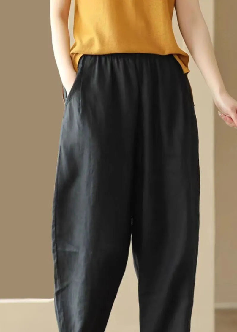 Black Pockets Wrinkled Patchwork Linen Pants Summer