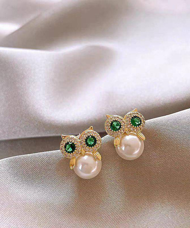 Gold Copper Alloy Zircon Owl Pearl Stud Earrings