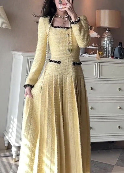 Yellow Square Collar Pleated Dresses Fall