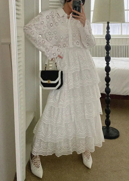French White Hollow Out Shirts and Skirts Cotton Two Piece Set Fall