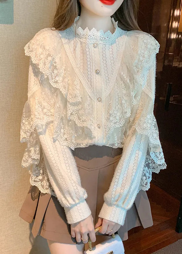 Apricot Button Original Design Patchwork Lace Shirt Stand Collar