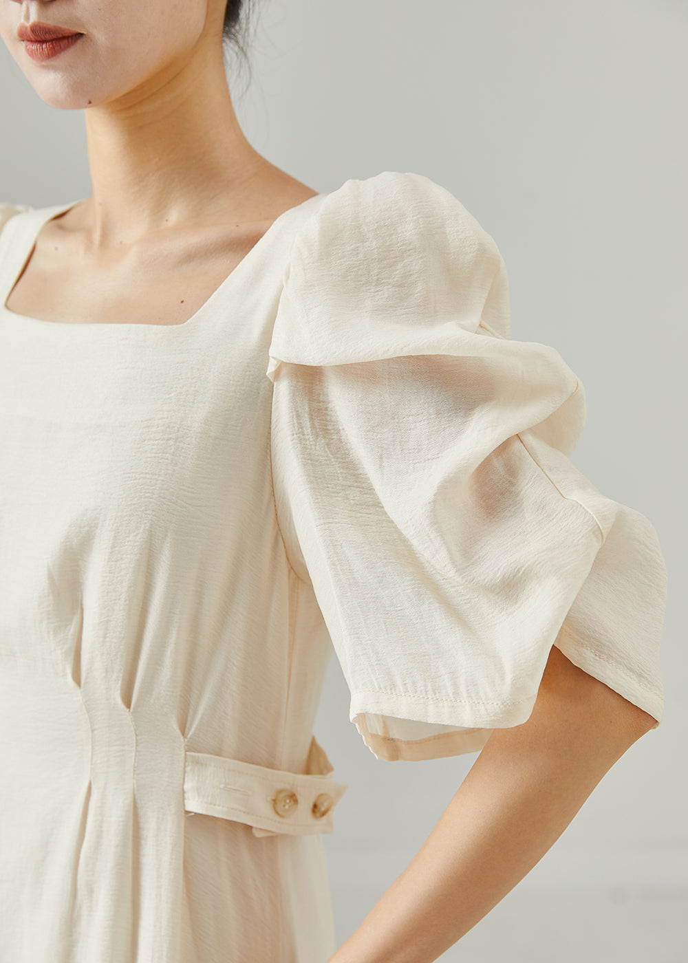 Beige Square Collar Cotton Cinched Dress Puff Sleeve