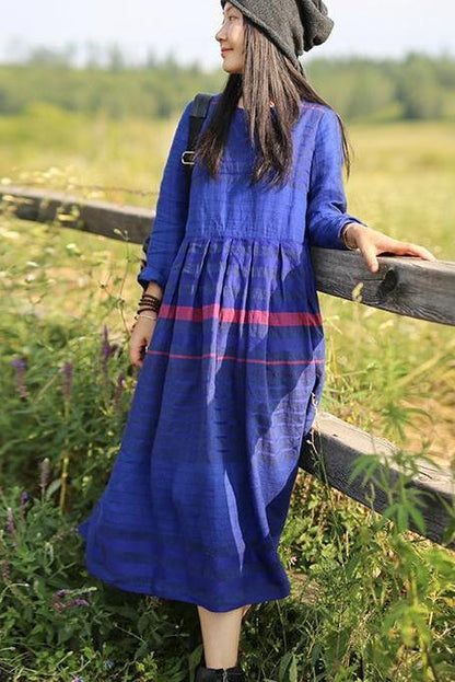 Loose Linen Blue Striped Dress
