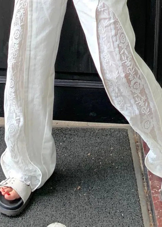 White Pockets Lace Patchwork Cotton Pants Summer