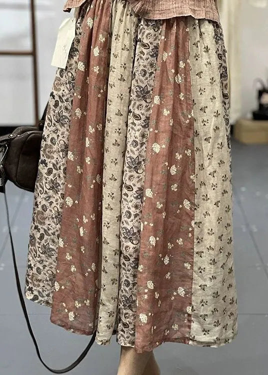 Diy Green Print Wrinkled Elastic Waist Linen Skirt Spring