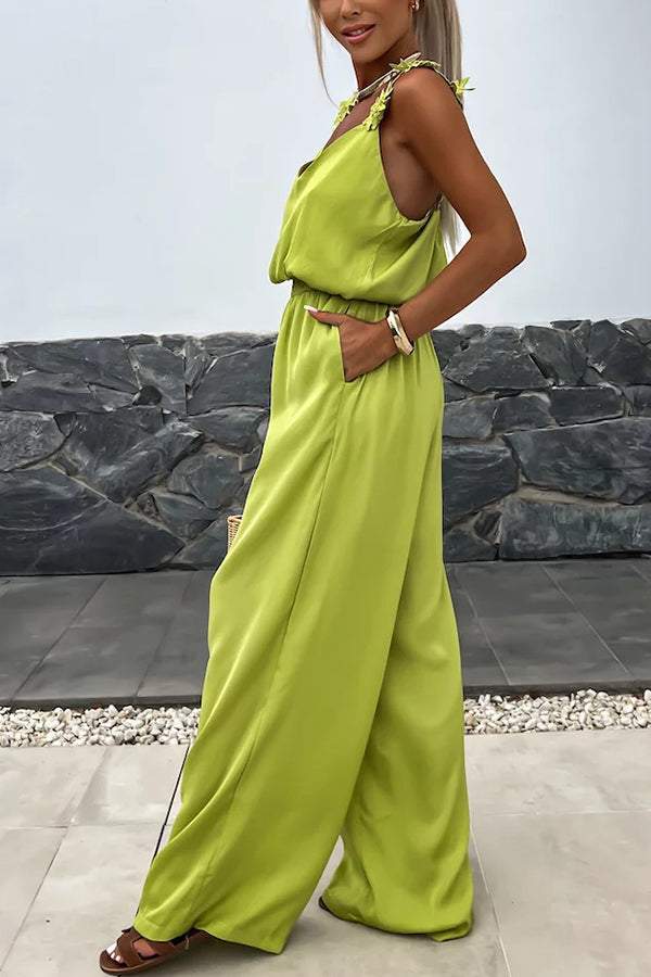 Color Embroidered Flower Suspenders Loose Jumpsuit