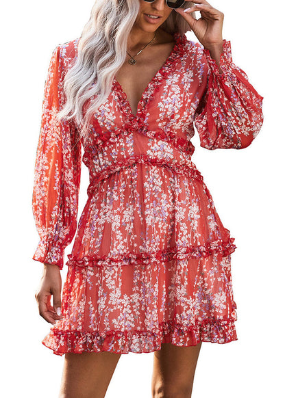 Red Ruffled Print Patchwork Chiffon Mid Dress Spring
